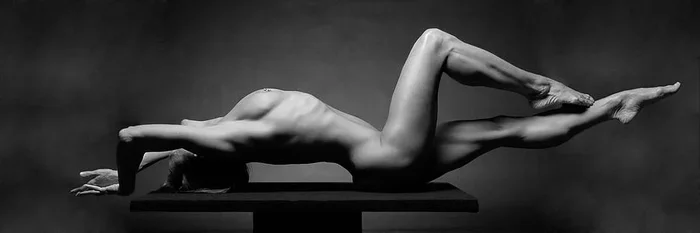 1470 Powerful Woman on Pedestal BW Fine Art Nude Photograph by Chris Maher 1 to 3 Ratio