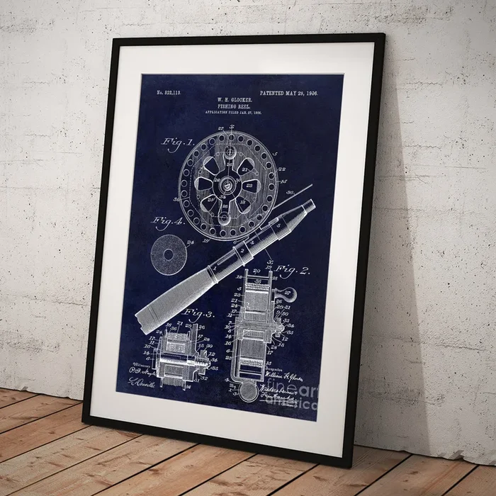 1906 Fishing Reel Patent Drawing Blue Art Print