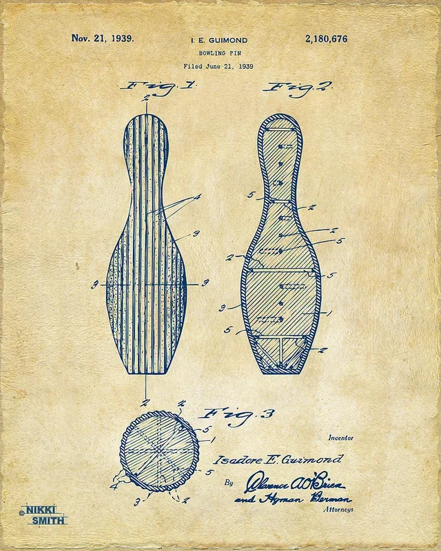 1939 Bowling Pin Patent Artwork – Vintage