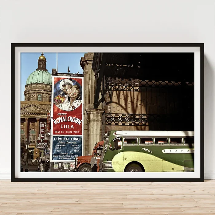 1940s city street scene Greyhound bus Art Print
