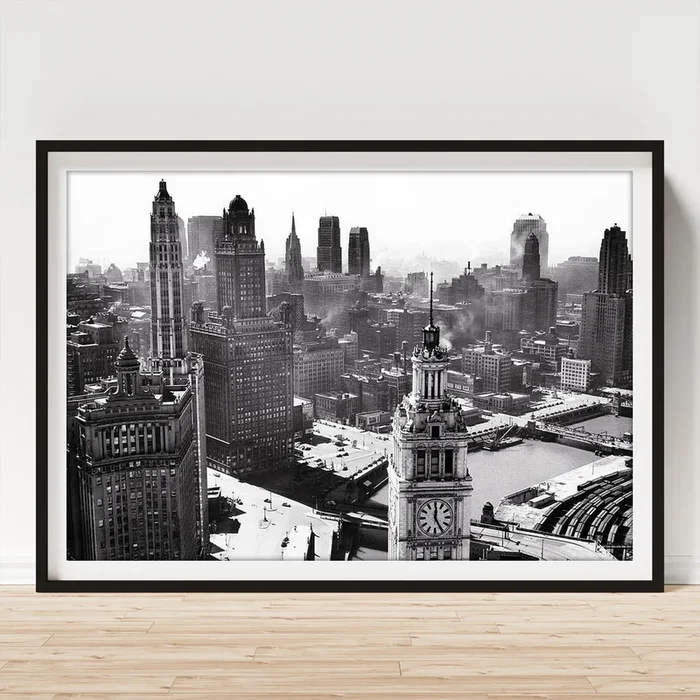 1940s looking SW from Tribune Tower Wacker Drive along Chicago River Wrigley Building tower Art Print