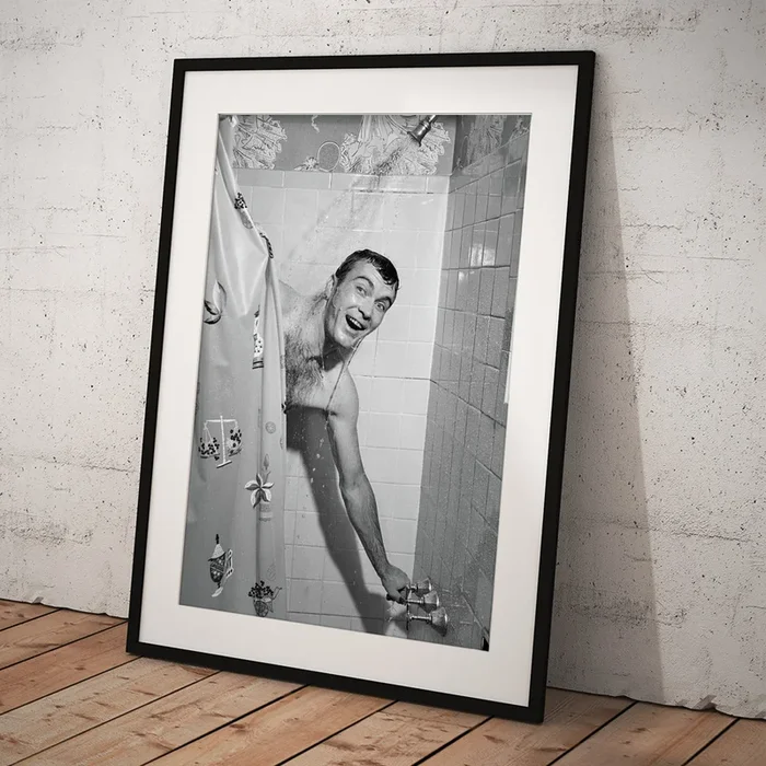 1950s Man In Shower Turning On Water Art Print