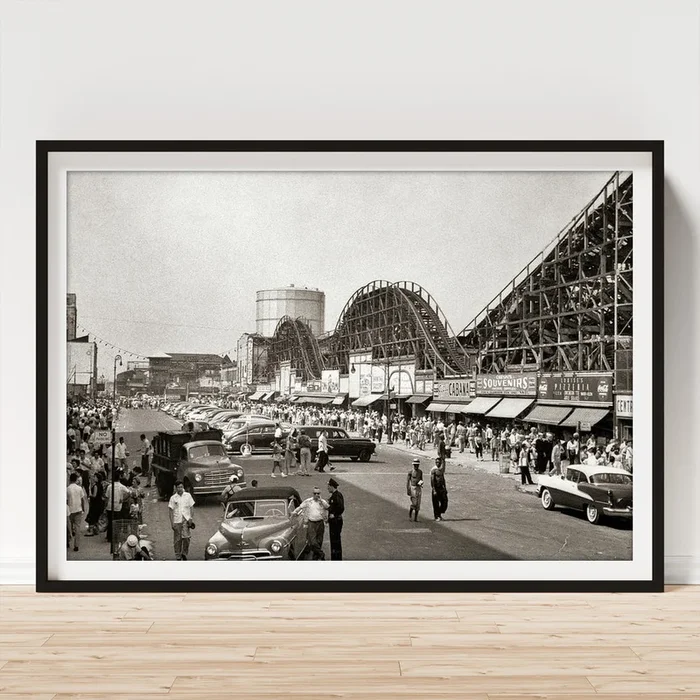 1950s roller coaster crowded streets parked cars Coney Island Brooklyn New York USA Art Print