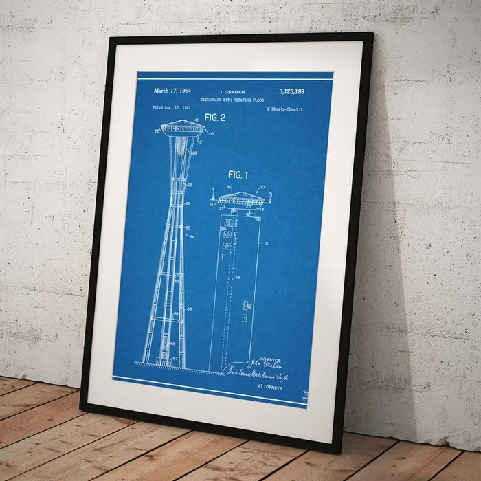 1961 John Graham Seattle Space Needle Patent Print Blueprint Art Print