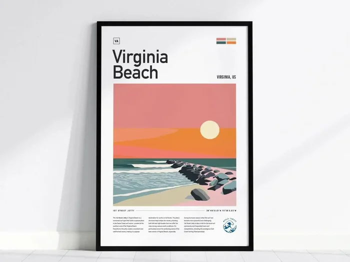 1st Street Jetty Surf Spot Poster | Virginia Beach Surfer Wall Art | Framed or Unframed