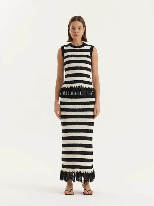 4th & Reckless Cream Striped Knitted Tassel Trim Maxi Skirt