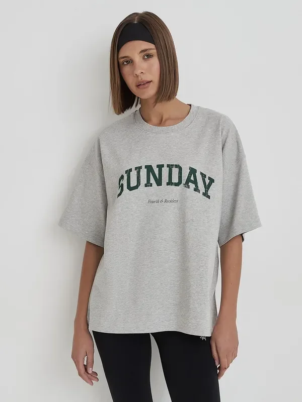 4th & Reckless Grey Oversized Sunday Distressed Slogan T-Shirt