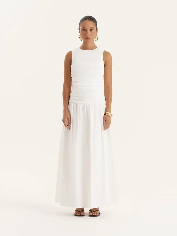 4th & Reckless White Cotton Poplin Drop Waist Maxi Dress