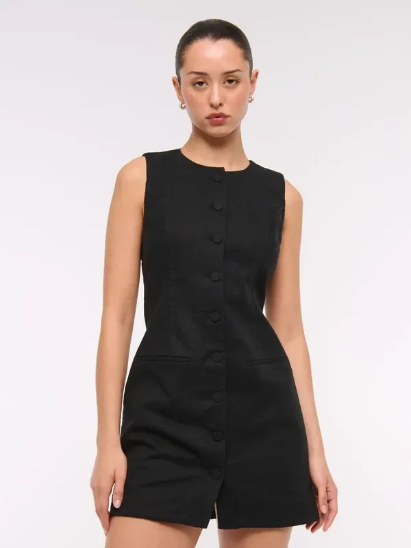 Abercrombie & Fitch Black Linen High Neck Buttoned Short Dress