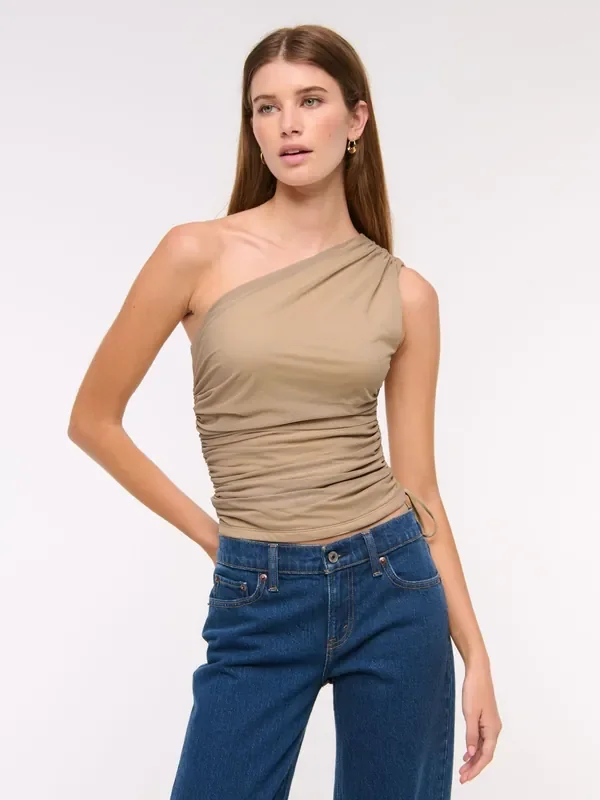 Abercrombie & Fitch Brown Mesh One Shoulder Cinched Waist Top