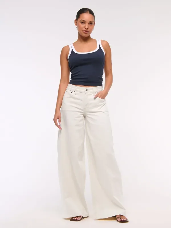 Abercrombie & Fitch Cream Mid Rise Ultra Wide Leg Jeans