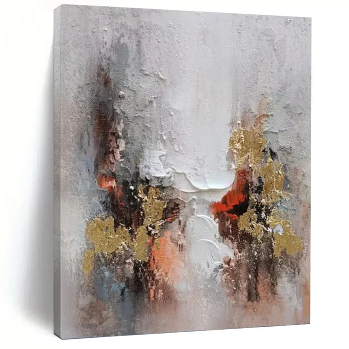 “Abstract Textured Landscape with Gold Accents” – Grey, Gold, Red Abstract Art on Canvas DKH1168