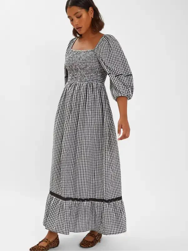 Accessorize Black Gingham Puff Sleeve Maxi 100% Cotton Dress