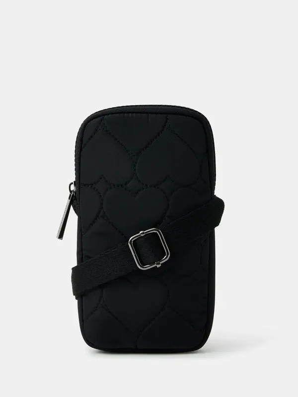 Accessorize Black Heart Quilted Nylon Phone Bag