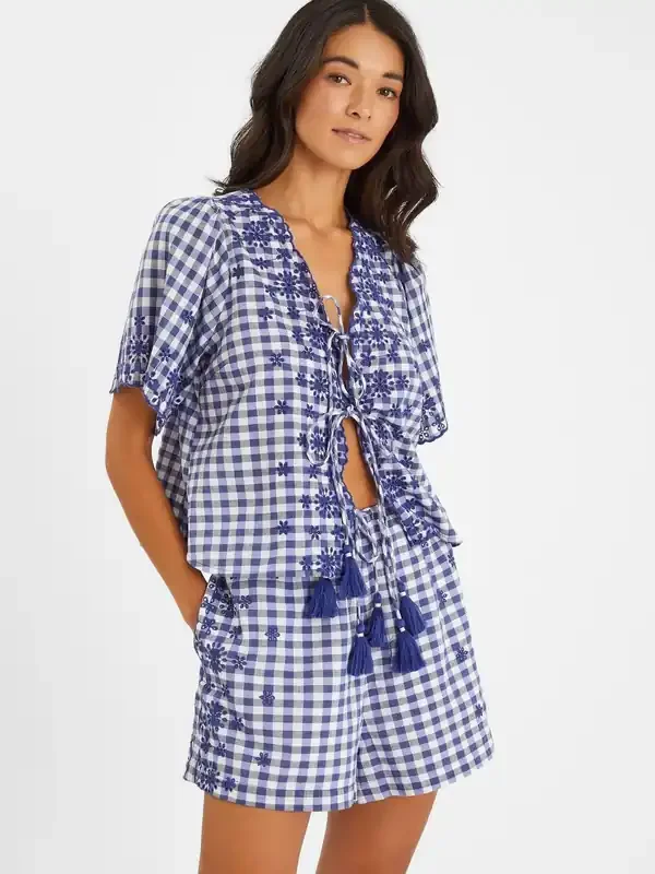 Accessorize Blue Gingham Embroidered 100% Cotton Tie Top