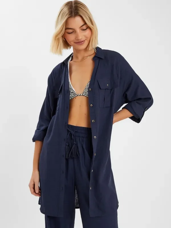 Accessorize Blue Long Sleeve Beach Cover-Up Shirt