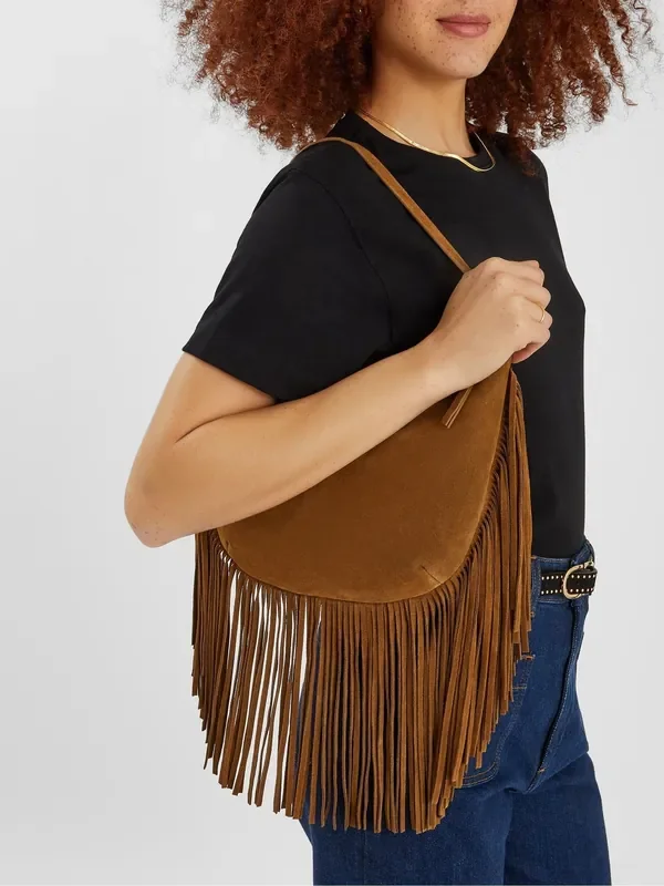 Accessorize Brown Leather Fringe Scoop Shoulder Bag