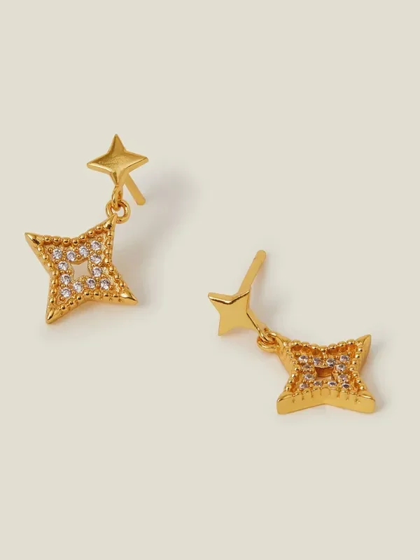 Accessorize Gold 14ct Plated Diamante Star Drop Earrings
