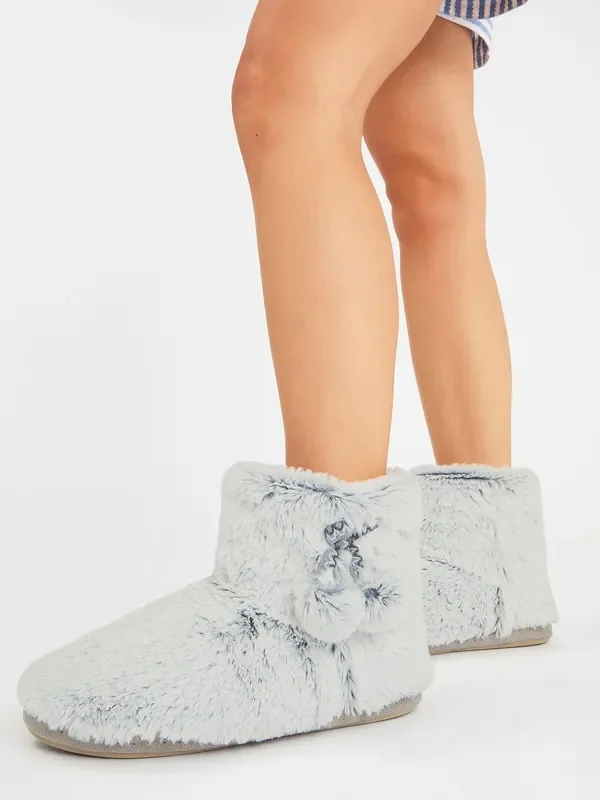 Accessorize Grey Super Soft Pom Pom Slipper Boots