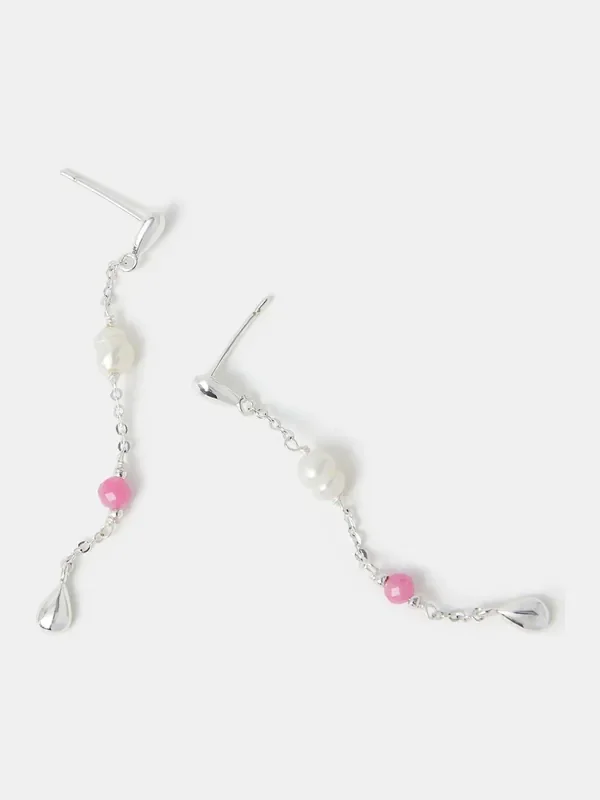 Accessorize Silver Tone Pearl & Tourmaline Drop Earrings