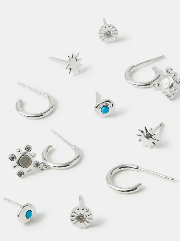 Accessorize Silver Tone Sterling Stone Stud & Hoop Earrings 5 Pack