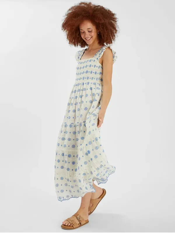 Accessorize White Broderie Smocked Metallic Maxi Dress
