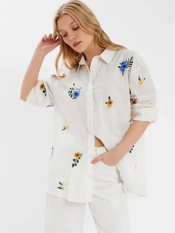 Accessorize White Floral Embroidered 100% Cotton Shirt