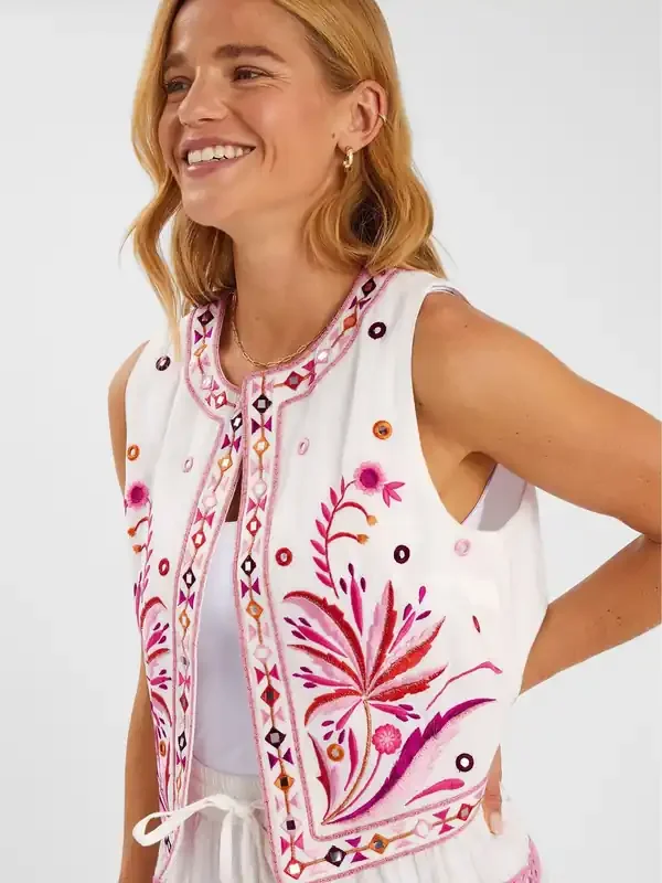 Accessorize White Mirror & Palm Embroidered Waistcoat