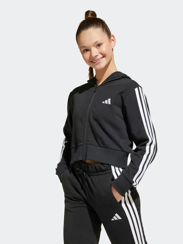 adidas Black Essentials 3-Stripes Crop Zip Kids Hoodie