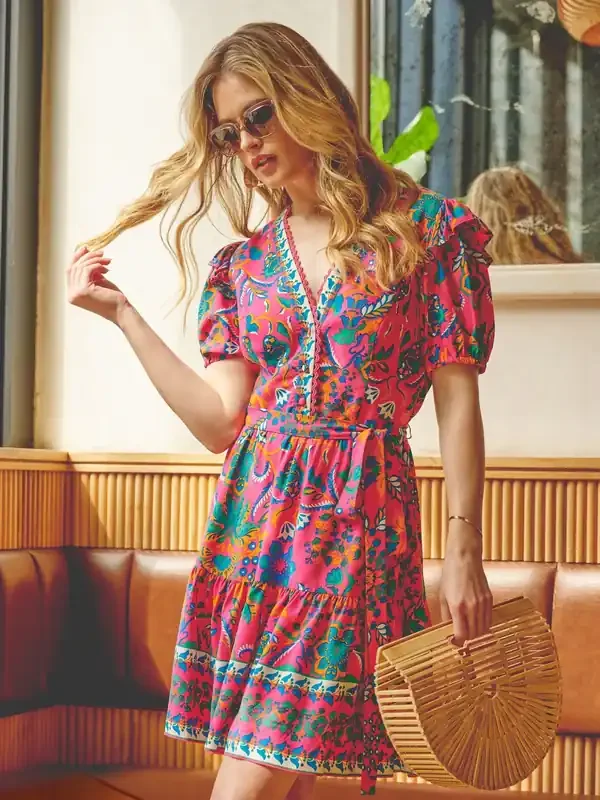 Adrianna by Adrianna Papell Pink Printed Short Flounce Dress
