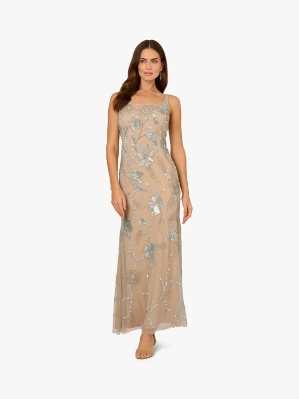 Adrianna Papell Beaded Mermaid Long Nude Dress