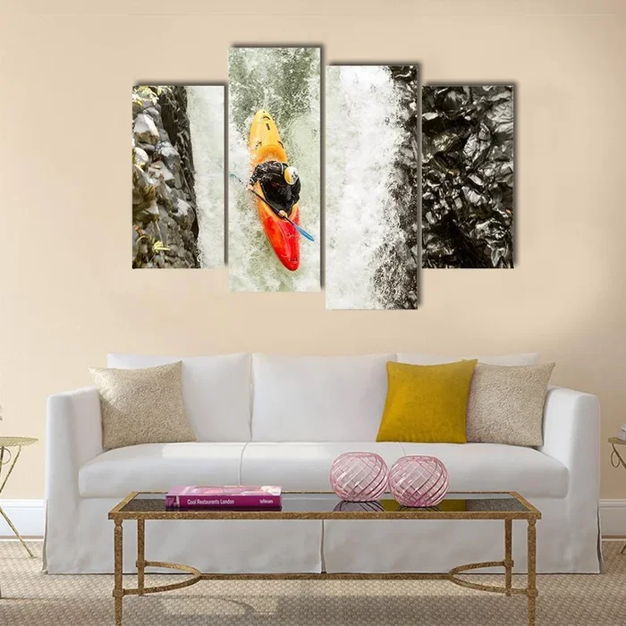 Adventurous Kayaker Navigating Waterfall Canvas Wall Art