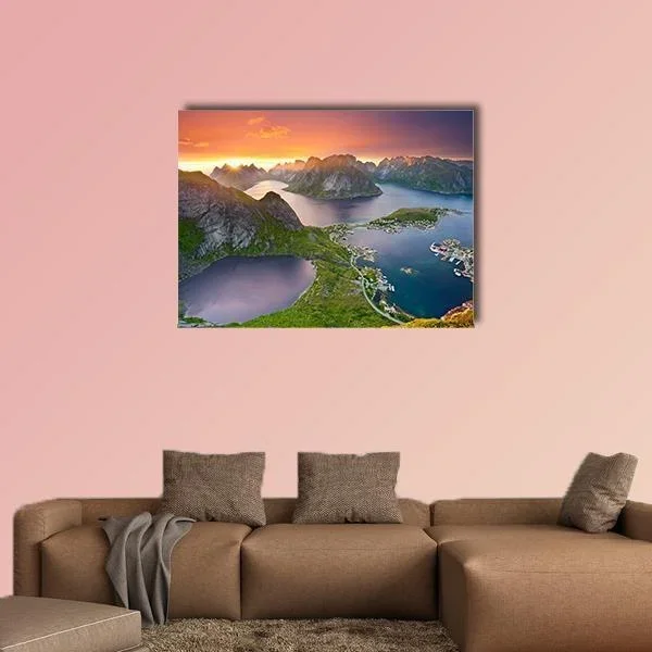 Aerial Sunset Over Mountain Village Canvas Wall Art
