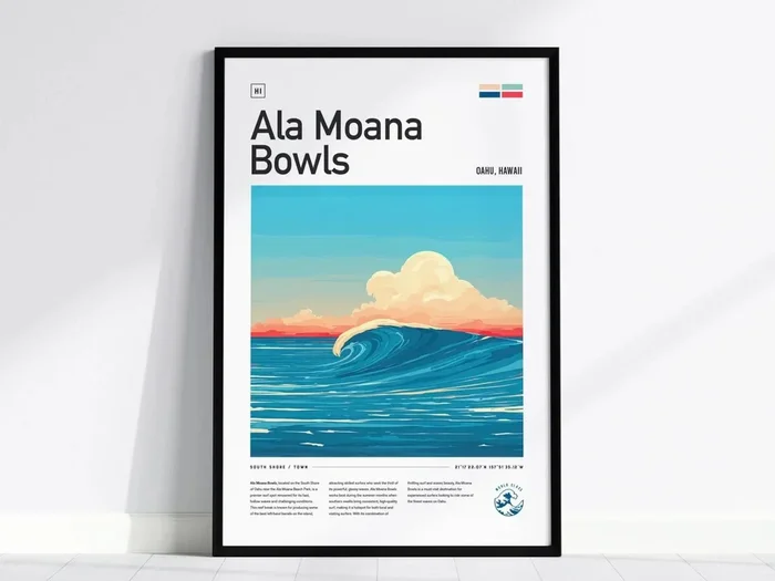 Ala Moana Bowls Surf Spot Poster | Oahu Hawaii Wave Surfer Wall Art | Framed or Unframed