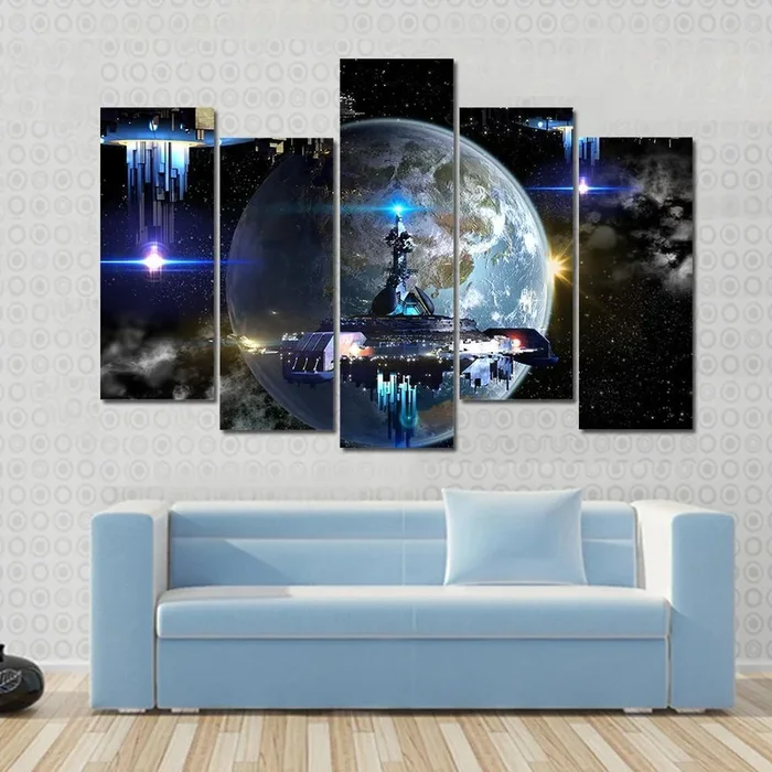 Alien Spaceship Moving Near Earth Canvas Wall Art