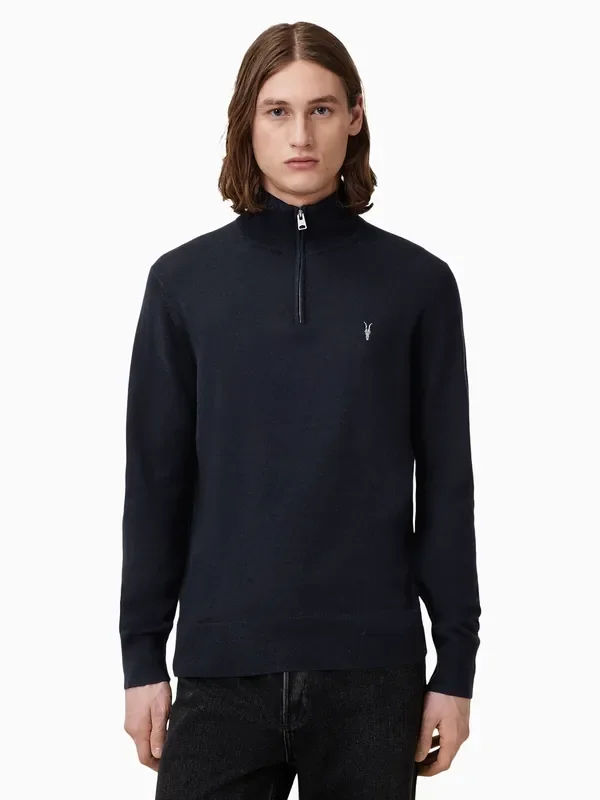 AllSaints Blue Chrome Kilburn Quarter Zip Funnel Jumper