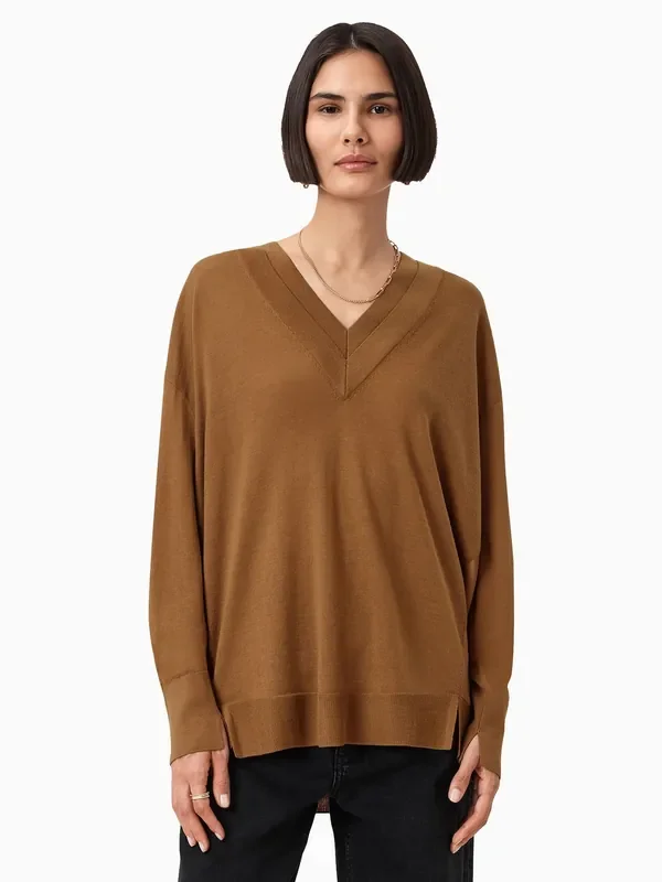 AllSaints Brown Bern Panel V-Neck Jumper