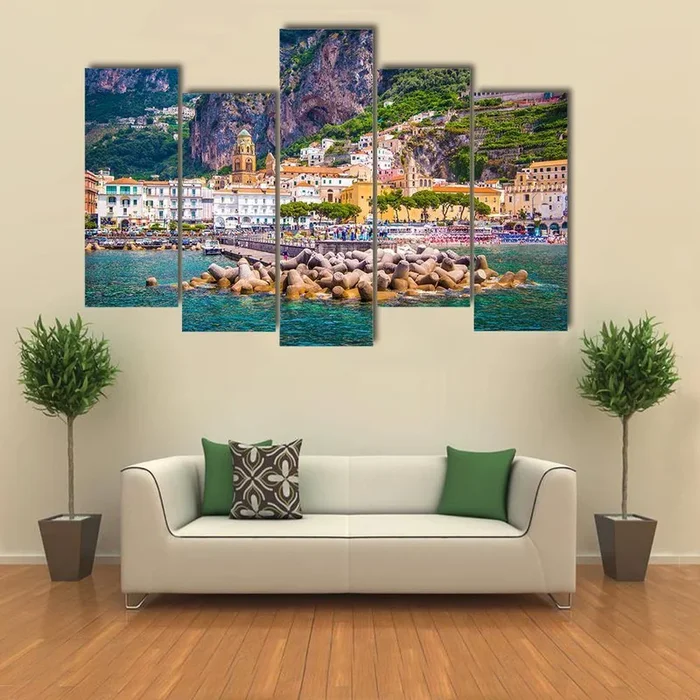 Amalfi Coast Harbor with Church Tower Canvas Wall Art