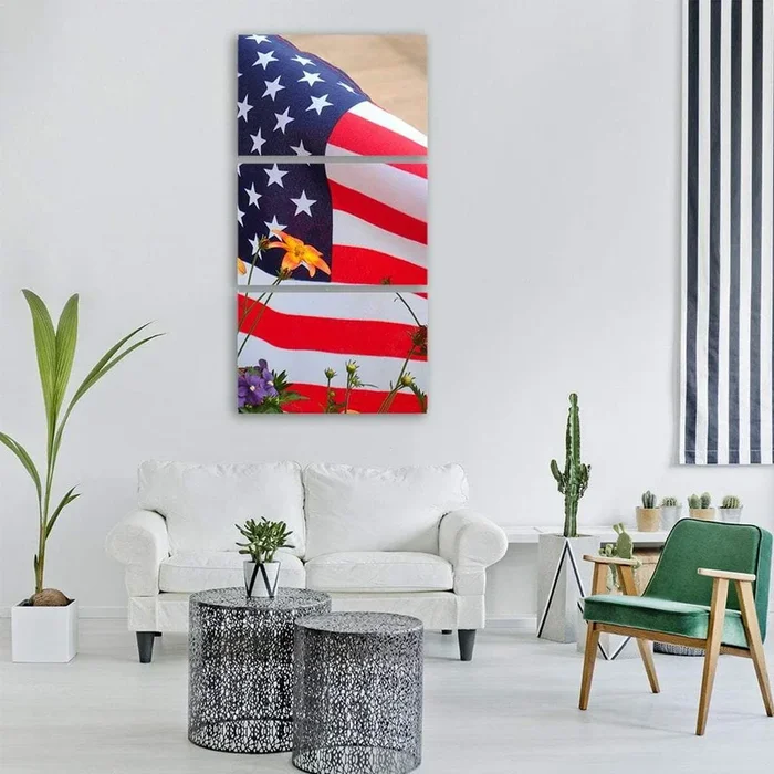 American Flag with Wildflowers Vertical Canvas Wall Art