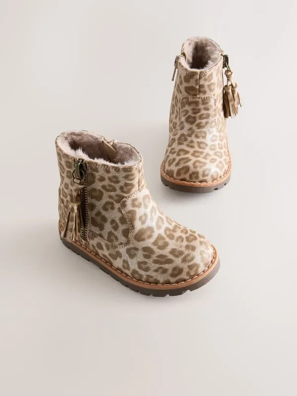 Animal Shimmer Wide Fit (G) Chelsea Zip Tassel Ankle Boots