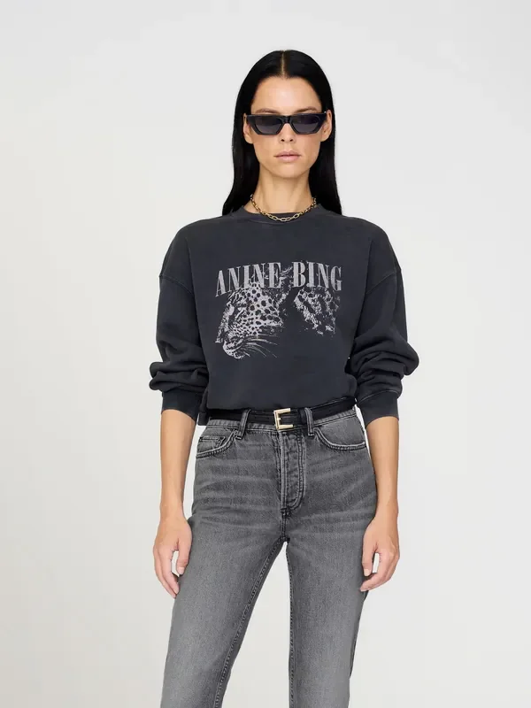 ANINE BING Black Washed Spencer Leopard Print Sweatshirt Seasons