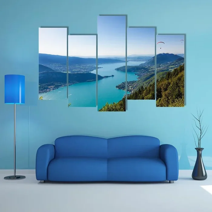 Annecy Lake with Mountains, Town and Paraglider Canvas Wall Art