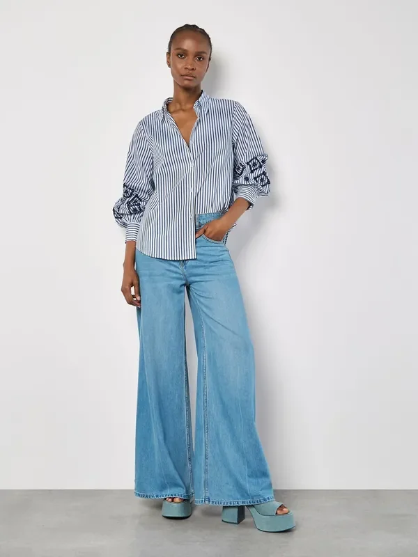 Apricot Blue Embroidered Eyelet Stripe Shirt