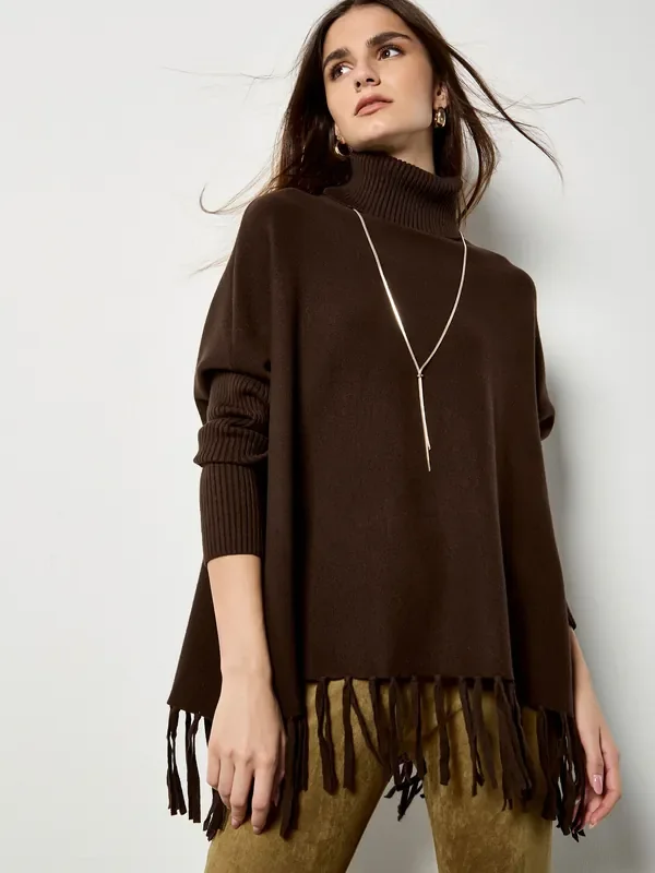 Apricot Brown Roll Neck Fringe Poncho Jumper