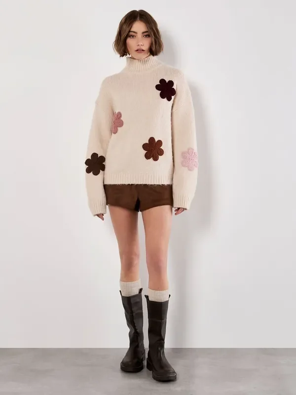 Apricot Natural Embroidered Flower Mock Neck Jumper