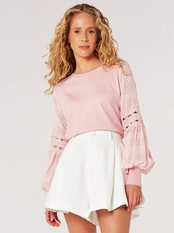 Apricot Pink Chiffon and Crochet Sleeve Jumper