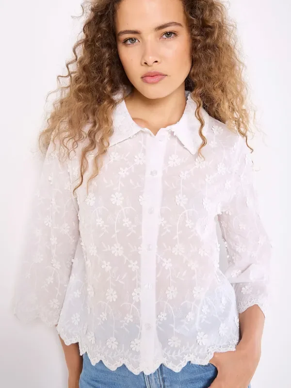 Apricot White 3D Floral Print Embroidered Crop Shirt