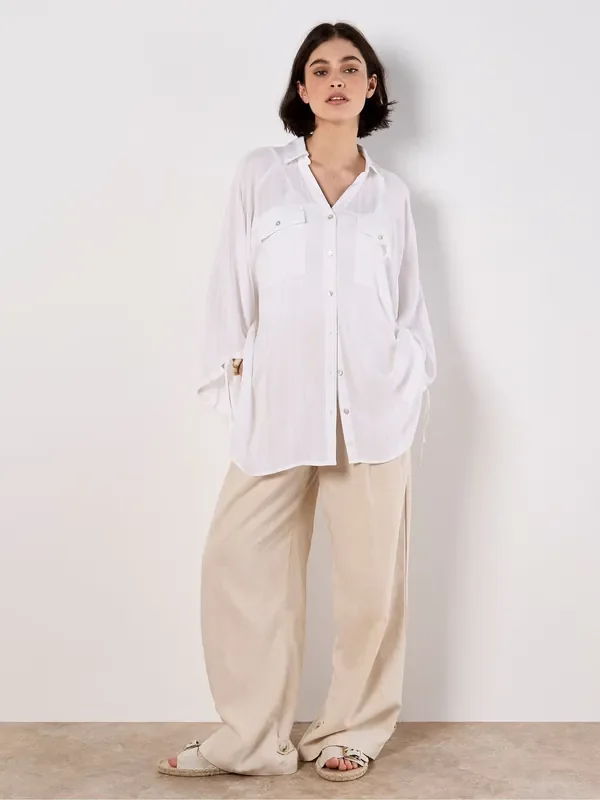 Apricot White Tie Sleeve Longline Shirt