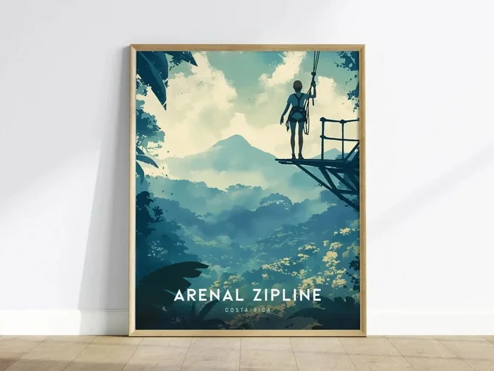 Arenal Zipline Adventure Poster | Costa Rica Travel Print Wall Art | Framed or Unframed