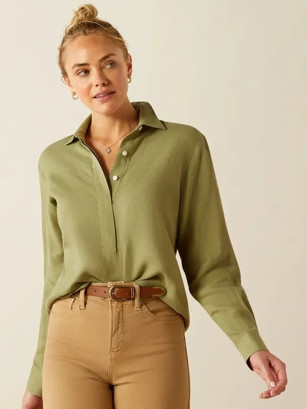 Ariat Green Pocklington 100% Wrinkle Free Linen Popover 100% Linen Shirt